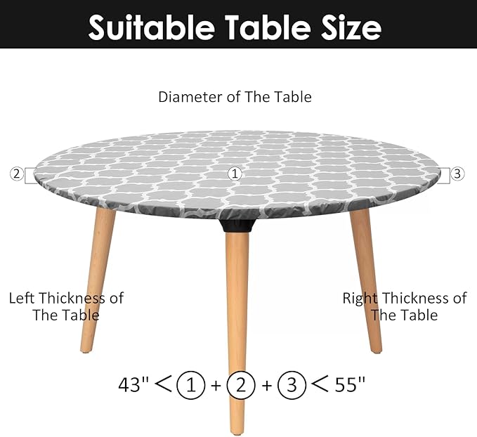 2 Pcs Round Picnic Tablecloth, Waterproof Elastic Fitted Table Covers, Elastic Edge Table Cover Indoor Outdoor Round Fits 43"-55" Round Table Cloth, Oilproof Wipeable Protector for Camping (Grey)