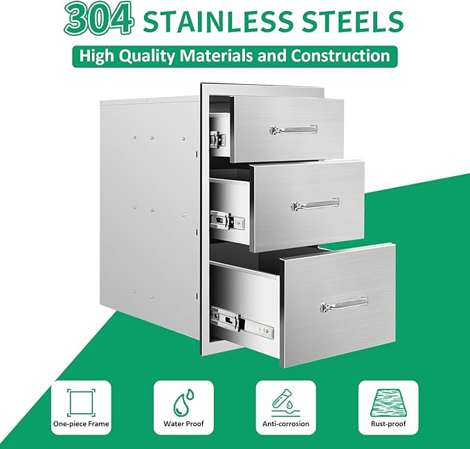 Outdoor Kitchen Drawers 14" W x 21" H x 23" D Stainless Steel Triple Drawers with Ergonomic Handle for BBQ Island, Patio Grill Station & Outdoor Kitchen Cabinets