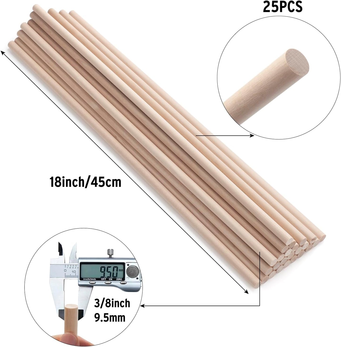 Wood Dowels Wooden Dowel Rods for Crafts, 25PCS 3/8 x 18 Round Macrame Wooden Sticks for Crafting, Unfinished Hardwood Sticks for Arts and DIYers, Tiered Cake Support and Wedding Ribbon Wands