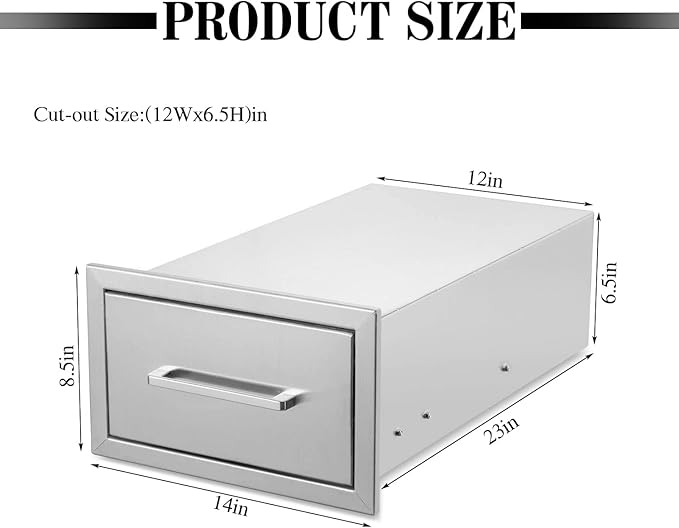 Outdoor Kitchen Drawers,Stainless Steel BBQ Drawer, 14" W x 8.5" H x 23" D Flush Mount Single Access Drawer for Outdoor Kitchen,BBQ Island