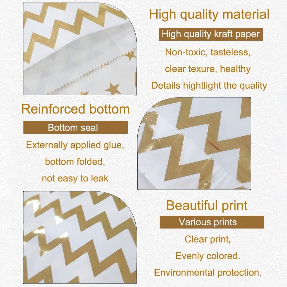 KEYYOOMY 200 Pcs Bright Gold Candy Buffet Bags - Small Polka Dot Paper Treat Bags for Wedding & Birthday Party (5 x 7 inch)