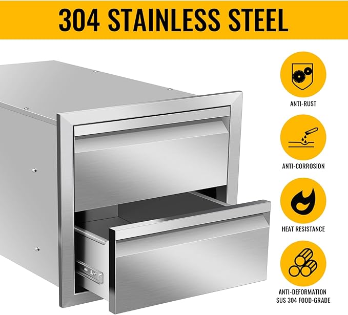 Pull Out Trash Drawer, Lower Sliding Rails Stainless Steel Roll Out Trash Bin Pull Out Tray With Handle For Outdoor Kitchen BBQ Island Grill Station,Double Drawers