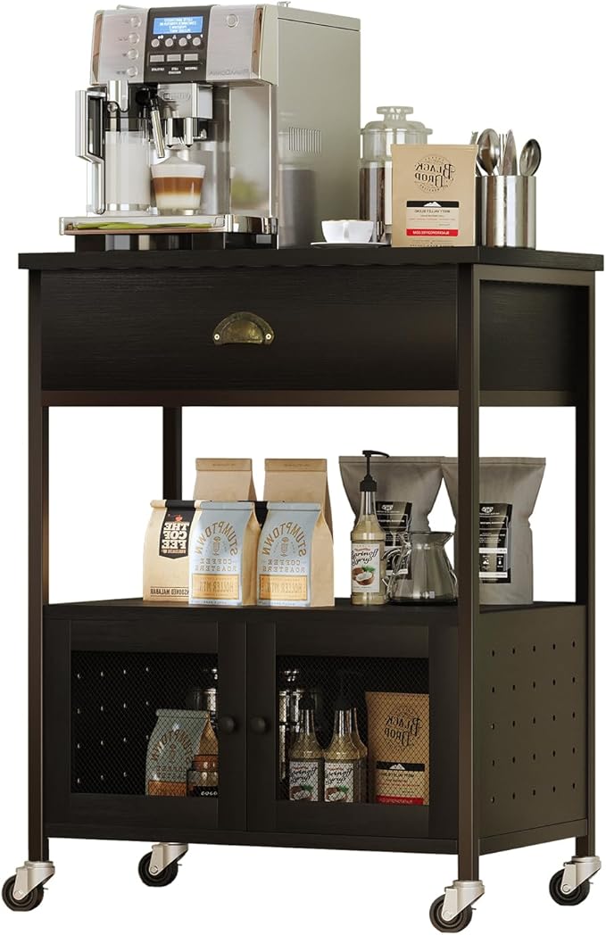 Catrimown Coffee Cart Station with Storage Drawer, Small Microwave Stand with Storage Cabinet, Coffee Stand Station, Rolling Island Cart for Living Room, Dining Room, Kitchen, Black