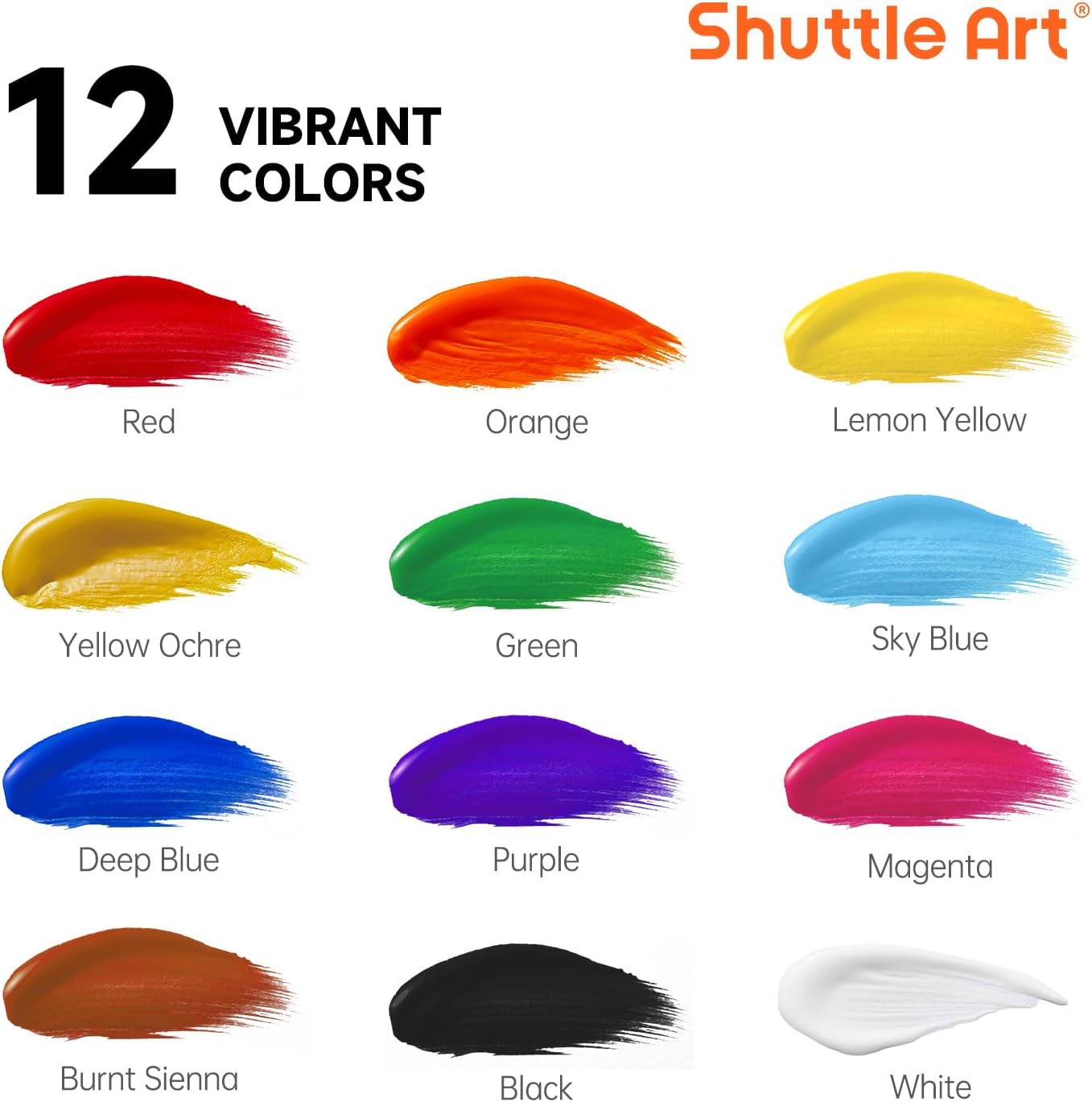 Shuttle Art Acrylic Paint, 12 Colors Acrylic Paint Large Bottle Set, 473ml/16oz Each, Rich Pigments, High Viscosity, Bulk for Artists, Beginners and Kids on Rocks Crafts Canvas Wood