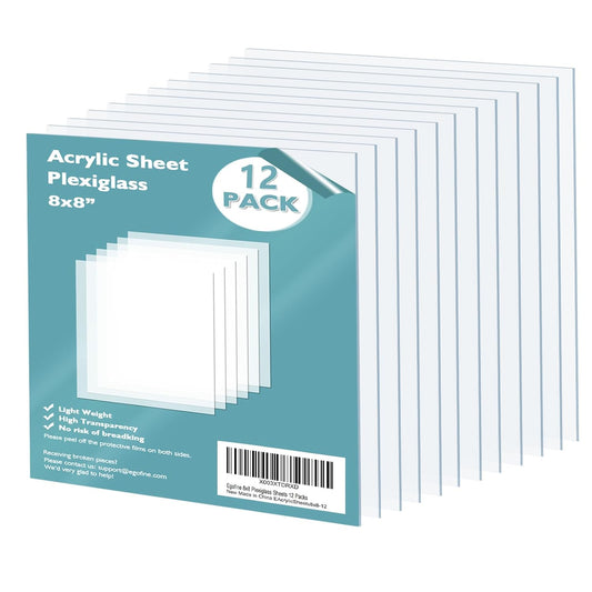 Egofine Plexiglass Sheets Acrylic Sheets 12 Pack of 8x8’’ 0.04 Thick Clear Plastic Cast Transparent Plexi Glass for Crafting Projects, Replacement Picture Frame Glass, DIY Display, Easy to Cut