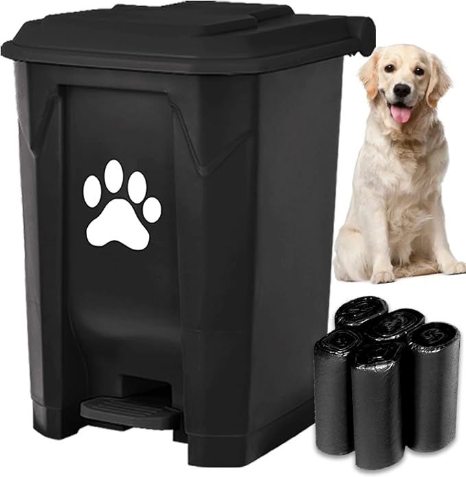 tebiete Dog Poop Trash Can Outdoors Pet Waste Station with Lid Dog Waste Disposal Container with Removable Inner Bin Bucket Hands-Free Pedal Garden Yard Home with 5Rolls Waste Bags, Black