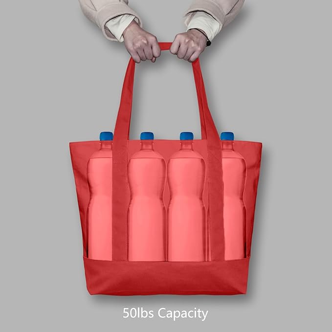TOPDesign 3-Pack Canvas Tote Bags with an External Pocket, Reusable Grocery Shopping Bags, Top Zipper Closure, Daily Essentials (Red)