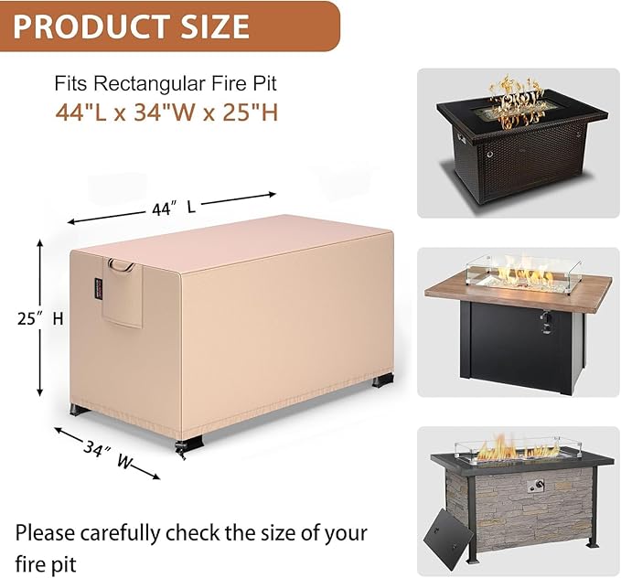 QH.HOME Fire Pit Cover Rectangle 44 x 34 Inch,Outdoor Waterproof Fire Pit Table Cover Strong Tear Resistant and Fading Resistant for Rectangular Patio Furniture Fireplaces - Wheat