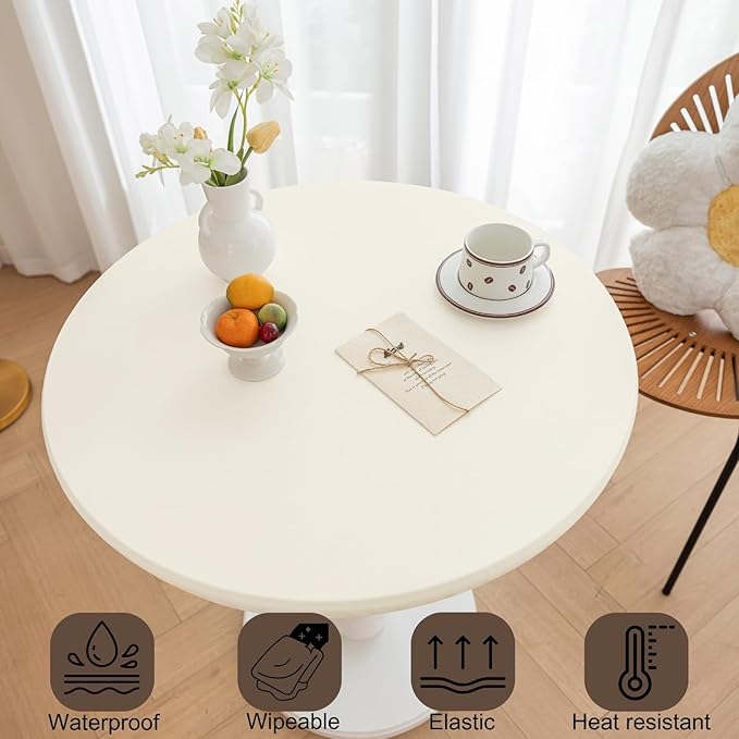 Round Fitted PU Tablecloth with High Elastic Edge 24 Inch Dia Waterproof Oil Proof Table Cloth Anti-Scald Stain-Resistant Wipeable Table Cover for Indoor Outdoor Picnic (Cream,24" Dia)