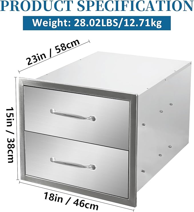 Outdoor Kitchen Drawers 18"Wx15"Hx23"D Flush Mount Access 2-Drawer BBQ Stainless Steel Drawers with Handle for Outdoor Kitchen Island or Grill Station