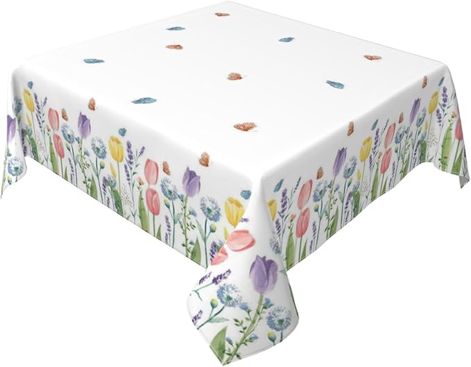 Spring Floral Tablecloth 54 x 54 Inch Square, Tulip Lavender Flower Decorative Tablecloths Stain Resistance Polyester Beautiful Flower Table Cloth for Holiday Parties Kitchen Dining Indoor Outdoor