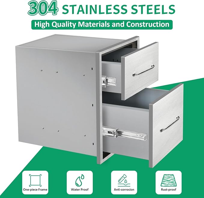 Outdoor Kitchen Drawers 14" W x 21" H x 21" D Stainless Steel Double Drawers with Ergonomic Handle for BBQ Island, Patio Grill Station & Outdoor Kitchen Cabinets