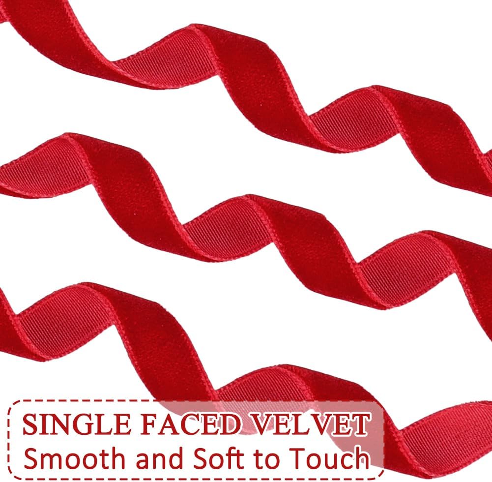 Red Velvet Ribbon, 0.39 Inch x 20 Yards Single Faced Red Ribbon for Gift Wrapping, Bow Making, Christmas Tree Decorations, Wreath Making and DIY Crafts (10 Yards Each Roll)