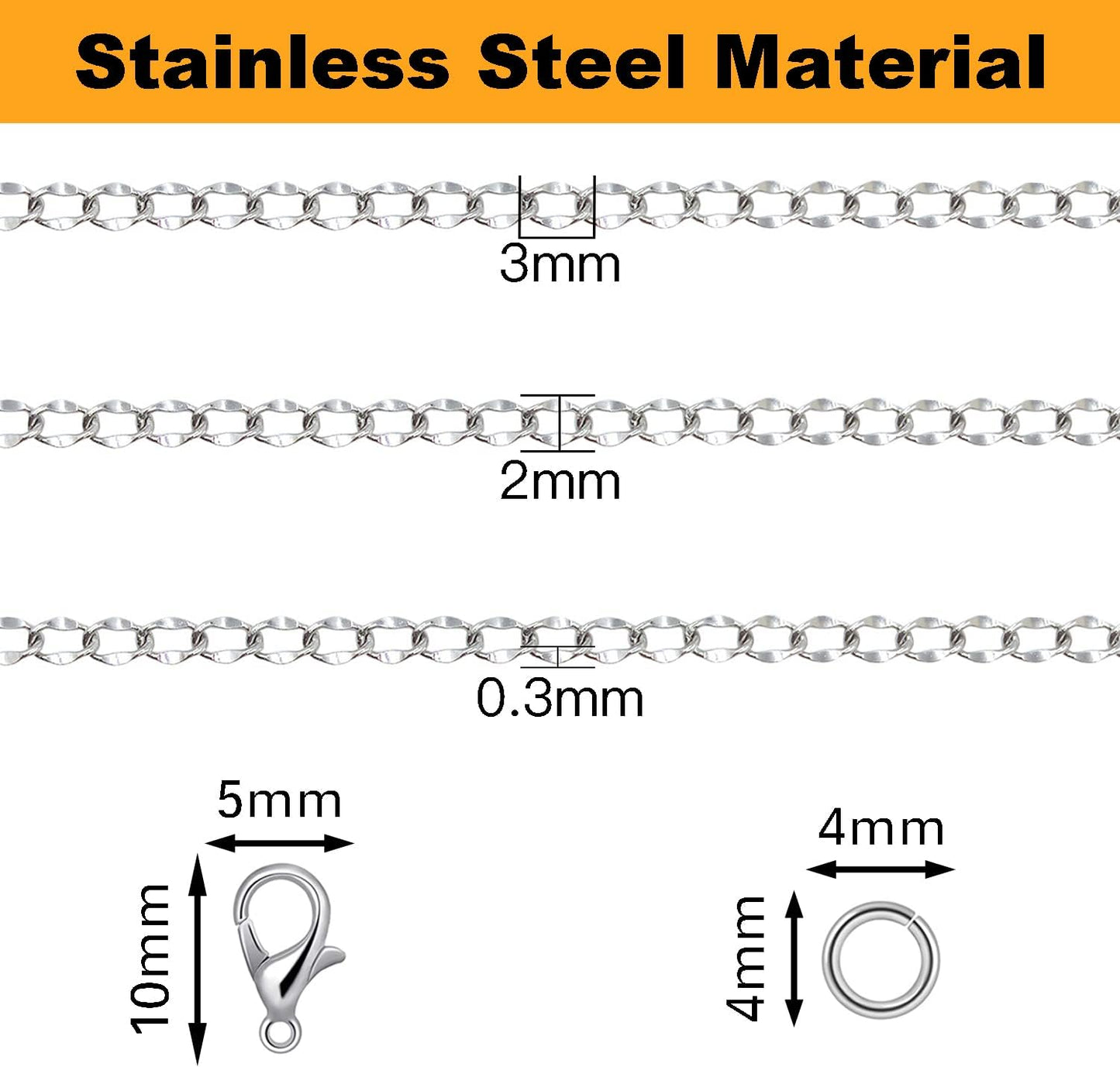 Jishi 33ft Twisted Cable Chain 2mm Silver Stainless Steel Link Chain, Jewelry Making Supplies Necklace Bracelet Extender, DIY Craft Earring Findings, Metal Link Chain Roll w/Lobster Clasps, Jump Rings