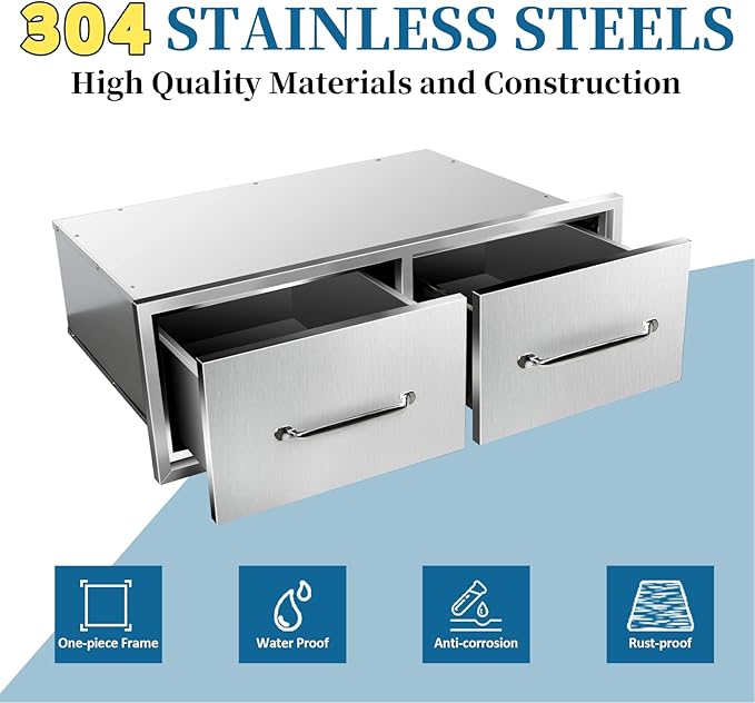 Outdoor Kitchen Drawers 30"Wx10"Hx20"D Flush Mount Access Horizontal 2-Drawer BBQ Stainless Steel Drawers with Handle for Outdoor Kitchen Island or Grill Station
