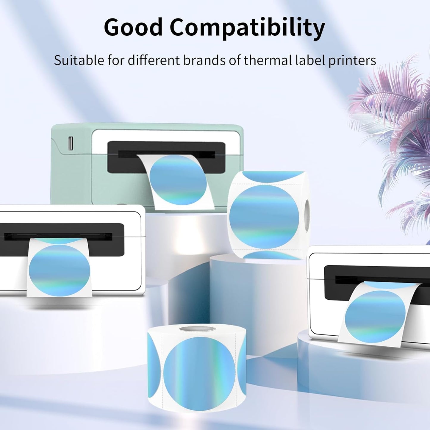 3" Holographic Direct Thermal Label Stickers, Round Printable Rainbow Glitter Thermal Printer Sticker Labels for Gift Wrapping, Self-Adhesive DIY Custom Logo Design- Holographic Blue