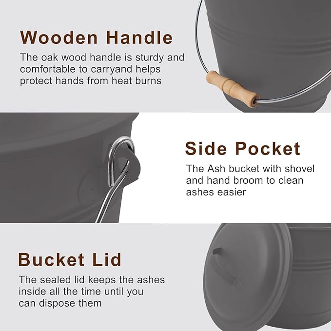 Poofzy Ash Bucket with Lid and Shovel, 1.3 Gallon Fireplace Bucket for Ashes, Includes Hand Broom and Gloves for Fire Pit, Wood Burning Stove and Grill (Gray)