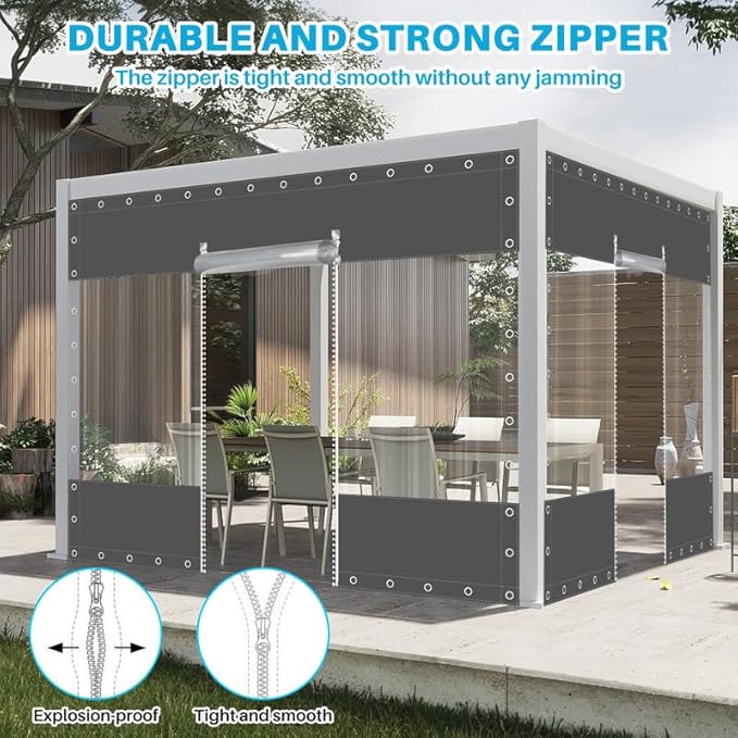 Clear Vinyl Curtains with Zippered Entry, 23oz Heavy Duty Waterproof Anti-UV and Tear-Resistant Tarpaulin with Grommets, Weatherproof Panels for Porch, Pergola, Gazebo, Balcony, Patio, Enclosure