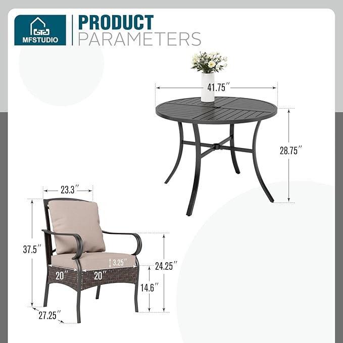 MFSTUDIO 5 Piece Outdoor Dining Set, 42'' Outdoor Round Table and Chairs, Heavy Duty Patio Dining Furniture Metal Table Set for 4 with Cushioned Chairs, Porch, Backyard