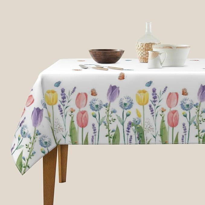 Spring Floral Tablecloth 54 x 54 Inch Square, Tulip Lavender Flower Decorative Tablecloths Stain Resistance Polyester Beautiful Flower Table Cloth for Holiday Parties Kitchen Dining Indoor Outdoor
