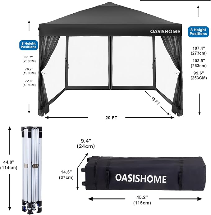 OASISHOME Pop-up Gazebo Instant Portable Canopy Tent 10'x10', with 2 Styles Sidewalls,Netting, Windows, Wheeled Bag, for Patio/Outdoor/Wedding Parties and Events