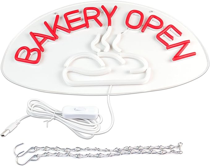 JFLLamp BAKERY OPEN Neon Signs for Wall Decor Neon Lights for Bedroom Led Business Signs Suitable for Bakery Cake Shop Restaurants Canteen Christmas 5V Power Adapter, 15.7 * 8.6 Inch(Red + White)