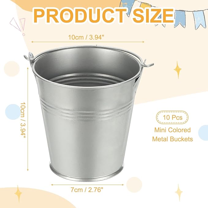 Small Metal Buckets, Mini Buckets with Handle Galvanized Colored Tin Pail Containers Basket Party Supplies - Fit for (Halloween - Classroom Crafts) 4" & 10Pcs & Silver