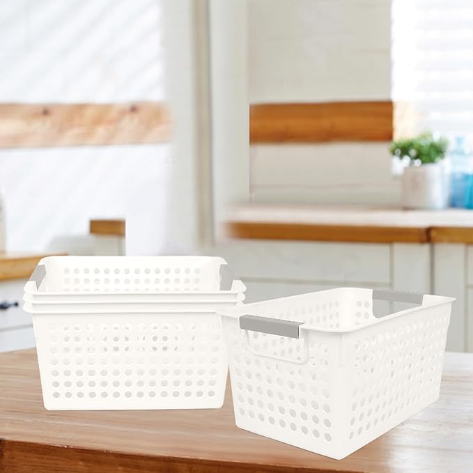 Plastic Storage Baskets, 4 Pack Narrow Organizing Baskets White Storage Bins With Handles Kitchen Storage Containers, Plastic Organizing Bins For Desk Garage Cabinet, 10.62 x 7.08 x 5.51 Inch