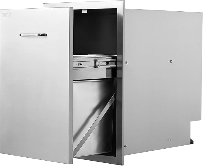 VEVOR Outdoor Kitchen Trash Drawer 17.7W x 25H x 22.8D Inch, Stainless Steel Trash Drawer with Handle and Pull-Out Tray, Outdoor Pull Out Kitchen BBQ Island, Trash Can NOT Included