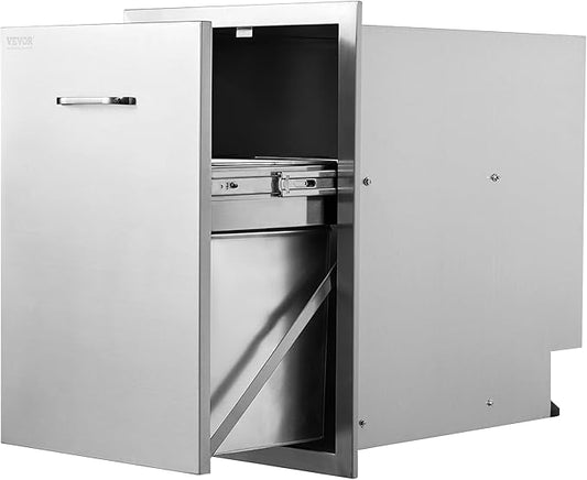 VEVOR Outdoor Kitchen Trash Drawer 17.7W x 25H x 22.8D Inch, Stainless Steel Trash Drawer with Handle and Pull-Out Tray, Outdoor Pull Out Kitchen BBQ Island, Trash Can NOT Included