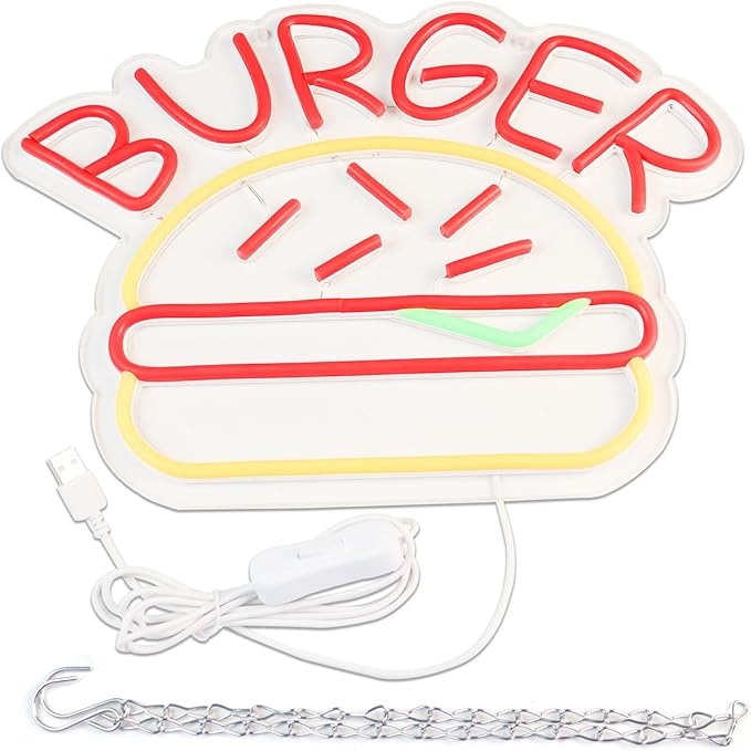 JFLLamp BURGER Neon Signs for Wall Decor Neon Lights for Bedroom Led Business Signs Suitable for Hamburger Restaurant Office Man Cave Beer Bar Pub 5V Power Adapter, 14.1 * 10 Inch(Red+ Warm White)