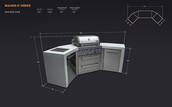 Mont Alpi MAi400-D45 32-Inch Deluxe 45-Degree 4-Burner 78000 BTU Deluxe Stainless Steel Island Outdoor Kitchen Gas Barbecue Island Grill with Ceramic Infrared Side & Rear Burners + Granite Countertops
