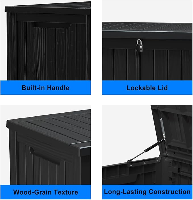 180 Gallon Resin Outdoor Deck Box Waterproof Patio Furniture, Garden Tools, Cushions, Pool Accessories Outside Storage (Black, 180 Gallon)