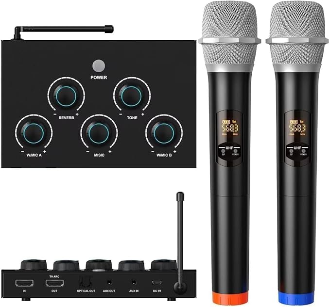 Wireless Microphone System, Dual UHF Portable Karaoke Microphone, HDMI & AUX in/Out, Optical Out, Stable Signal, 100ft Range – Wireless Mic for Singing, Karaoke, Church, Smart TV, PC, PA Speaker