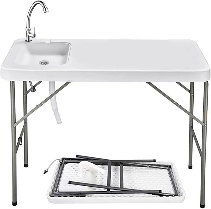 Folding Fishing Cleaning Table, 4ft Portable Foldable Camping Outdoor Tables, Fish Cleaning Sink Table with Faucet for Picnic Camping Kitchen Gardening, Style A