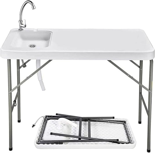 Folding Fishing Cleaning Table, 4ft Portable Foldable Camping Outdoor Tables, Fish Cleaning Sink Table with Faucet for Picnic Camping Kitchen Gardening, Style A