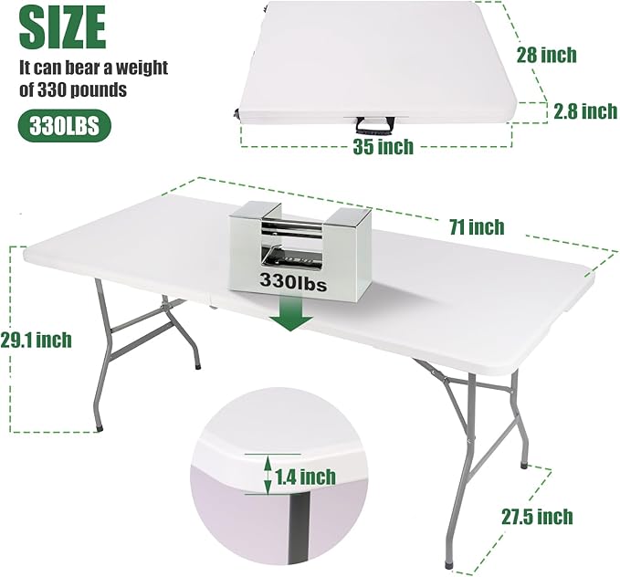 FWTI Deal 6 Feet Foldable Table & Tablecloth Set, Built in Carrying Handle & Alloy Steel Legs, Heavy Duty Portable for Party, Dining, Wedding, Picnic, Camping, Utility - White (Table&Tablecloth)