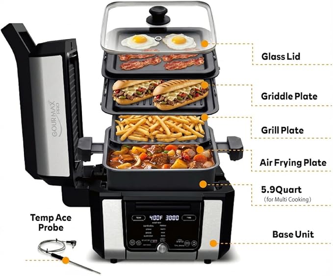 Foodgenie Gourmax Pro One Cooking Device - All-in-One Oven, Smokeless Grill, Air Fryer, Griddle, Cooker & More – 16 Preset Functions, Smart Temperature Control, Dual Surface, Dishwasher Safe, 1500W