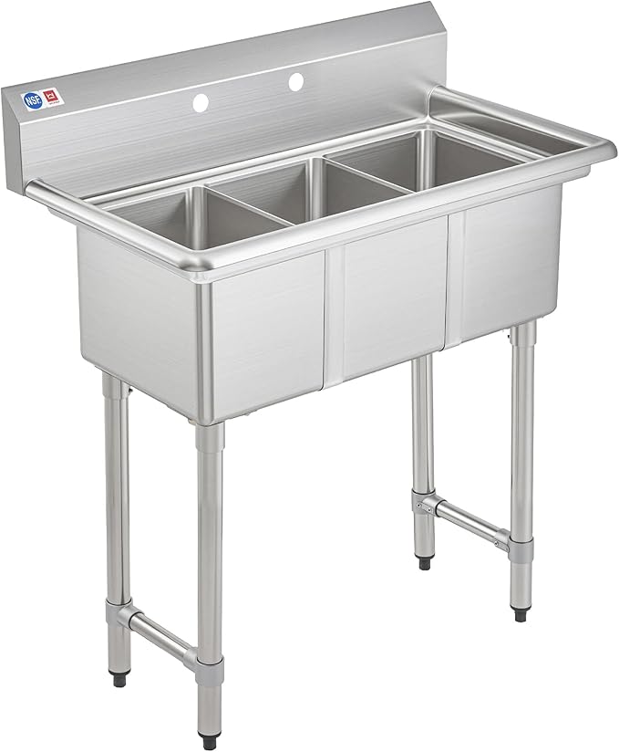 WILPREP 3-Compartment Sink, 10x14x10 in. Kitchen Sink with Strainers X-Shaped Guides Backsplash, Freestanding Triple Bowl Utility Sink, Work Station Sink for Garage Kitchen Laundry Room with 3 Basins