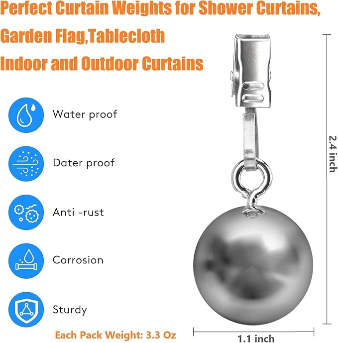 4 Pack Shower Curtain Weights, Prevent Curtain Liner from Blowing Around, Stainless Steel Shower Liner Weights Clip Down Curtain, Garden Flags Tablecloth