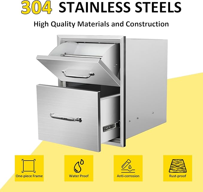 Outdoor Kitchen Drawers with Paper Towel Holder 16" W x 20" H x 20" D Flush Mount BBQ Drawers with Chrome Handle,Stainless Steel Built-in Double Access Drawers for Outdoor Kitchen Island