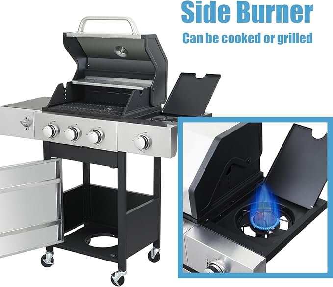 3-Burner Gas Grill with Side Burner, 37230 BTU Outdoor BBQ, Large Cooking Area with Enameled Cast Iron Grates, Locking Wheels & Foldable Side Tables for Patio & Backyard(3+1 Burner)