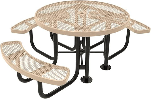 COATEDOUTDOORFURNITURE Heavy-Duty Portable Outdoor Picnic Table with Umbrella Hole, Expanded Metal Patio Dining Furniture Made in America (46" Round Top, Tan)