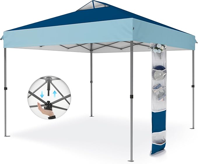 PHI VILLA 10x10ft 1-Person Setup Pop Up Canopy Tent Instant Portable Shelter w/ 1-Button Push, Case, 4 Weight Bags - Dark & Light Blue