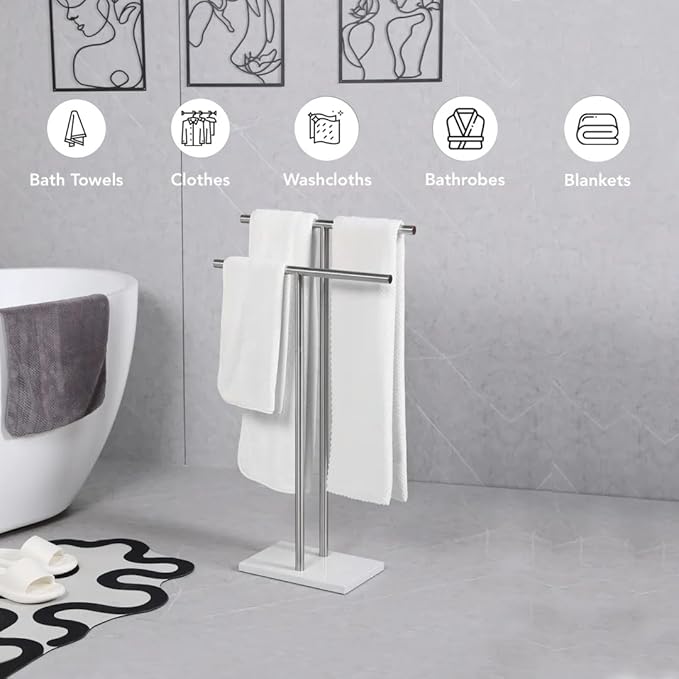 Free Standing Towel Rack for Bathroom - Brushed Nickel Finish - Stand Alone 2 Tier Stainless Steel Towel Rack for Bathroom Floor with Heavy Marble Base, Double T Shape Drying Stand for Towels