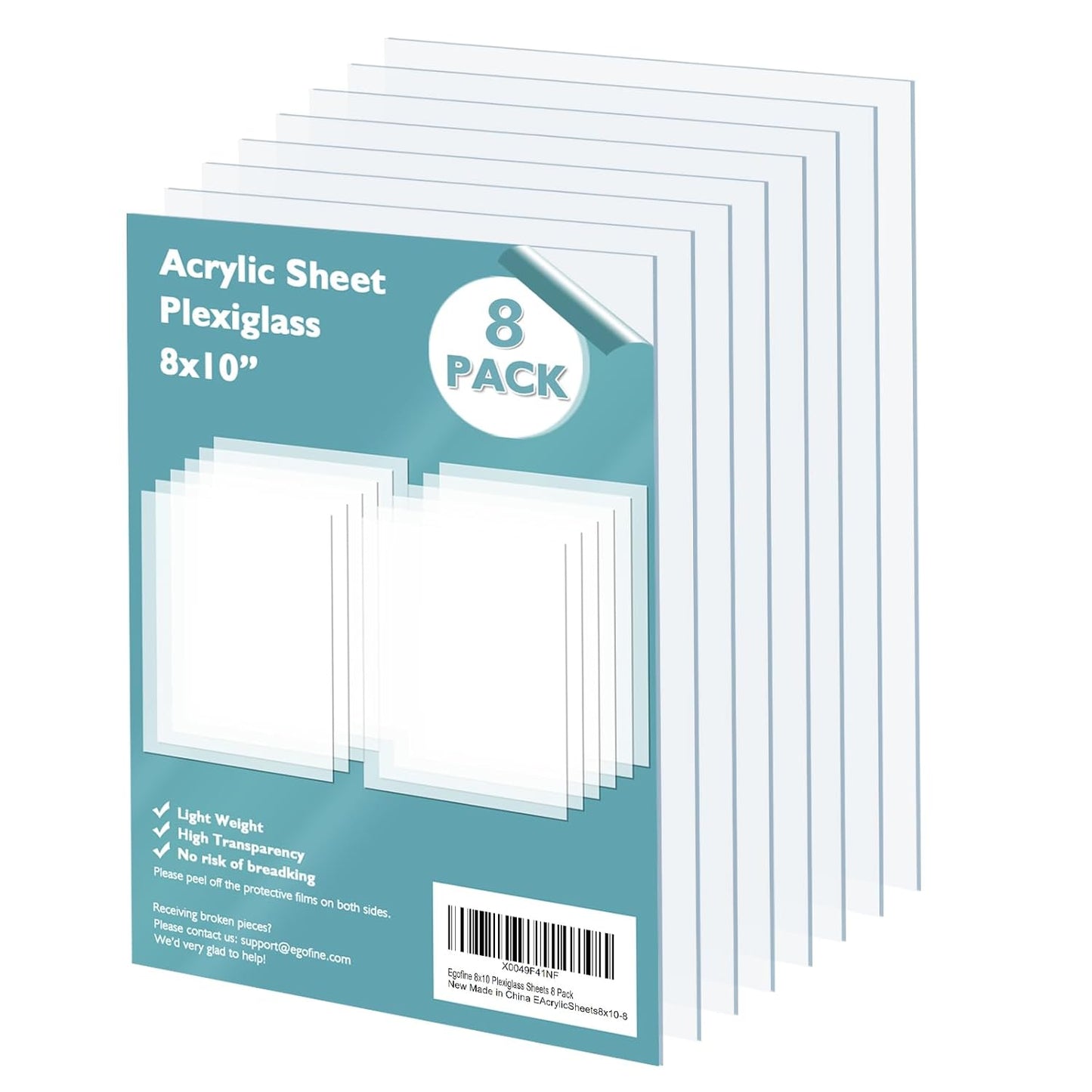 Egofine Plexiglass Sheets Acrylic Sheets 8 Pack of 8x10’’ 0.04 Thick Clear Plastic Cast Transparent Plexi Glass for Crafting Projects, Replacement Picture Frame Glass, DIY Display, Easy to Cut
