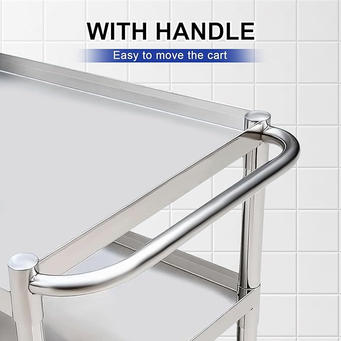 3 Tier Stainless Steel Utility Cart | Heavy Duty Metal Rolling Cart with Handle & Wheels | Ideal for Kitchen, Restaurant, Hospital, Laboratory & Home (19''x31''x34'')