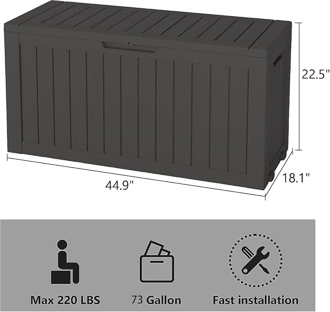 Outdoor Storage Box, Resin Deck Boxes Indoor and outdoor, Waterproof Storage Box Lockable Lid (Black, 73 Gallon)