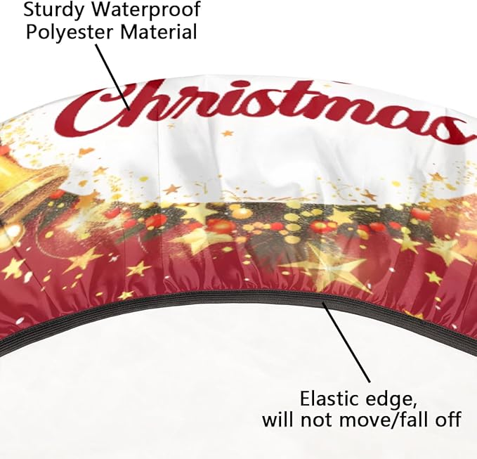Merry Christmas Bell Bow Round Table Cloth Cover, Elastic Edge Waterproof Wipeable Tablecloths 45"-56" Polyester Tablecloth for Party Restaurant Banquet Holiday Camping Outdoor Picnic