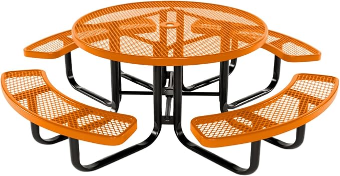 COATEDOUTDOORFURNITURE Heavy-Duty Portable Outdoor Kids Table with Umbrella Hole, Expanded Metal Kids Picnic Table, Commercial-Grade, Made in America (46 in, Round, Childrens, Orange)